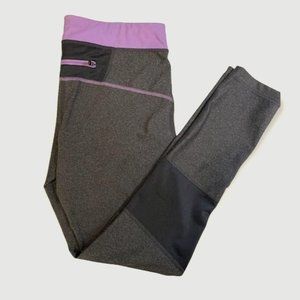 JCP Athletic Workout Grey & Purple Leggings Zipper Back Pocket Size Medium